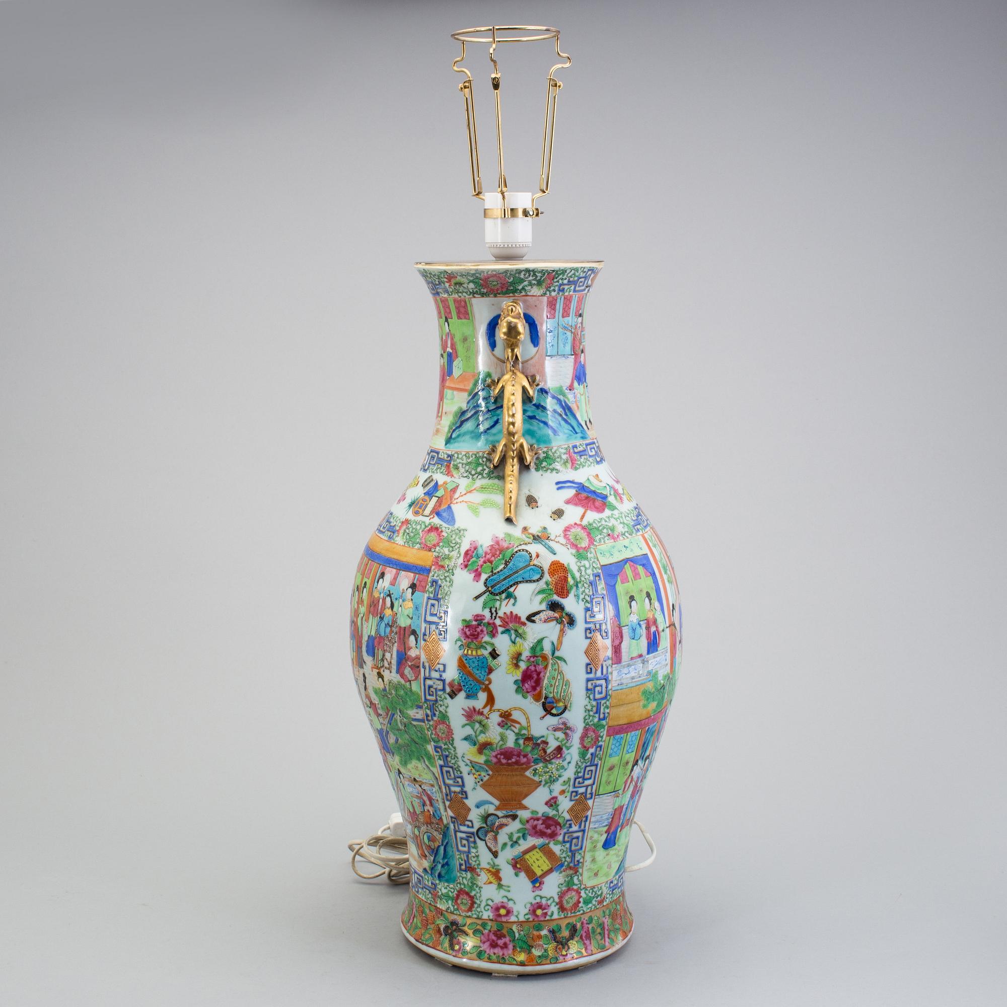 A CHINESE CANTON PORCELAIN VASE, 19th century, now a table lamp.