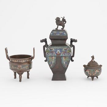 Two Japanese cloisonné censer and a large vase with cover, Meiji period (1868-1912).