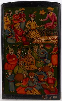 Unidentified artist, a reverse glasspaintin "Shah Abbas with servants", Iran / Persia, 20th century.