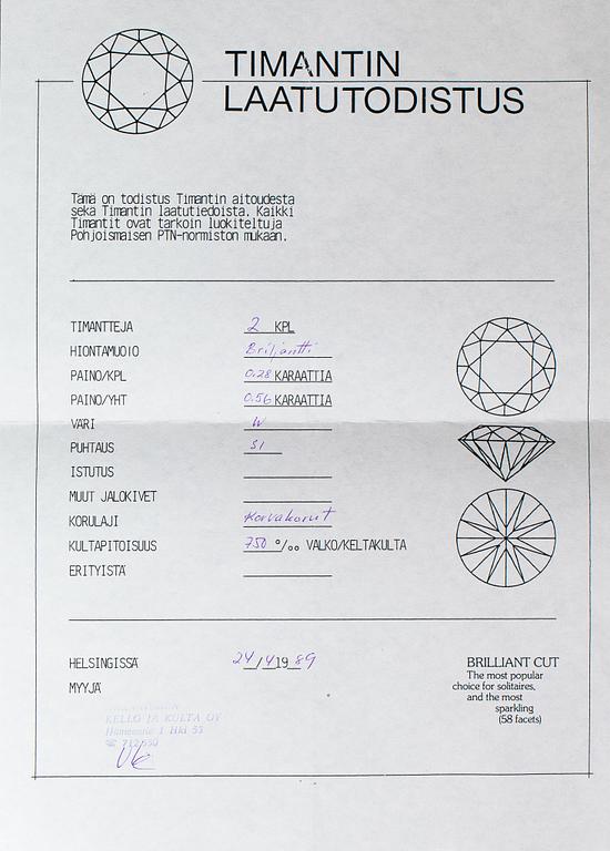 Örhängen, 18K guld, diamanter ca. 0.56 ct tot enligt certifikat.
