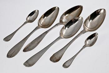 SKEDAR, 6 st, silver bla Johan Petter Lundström, Lund, tidigt 1800-tal. Tot vikt ca 271 gr.