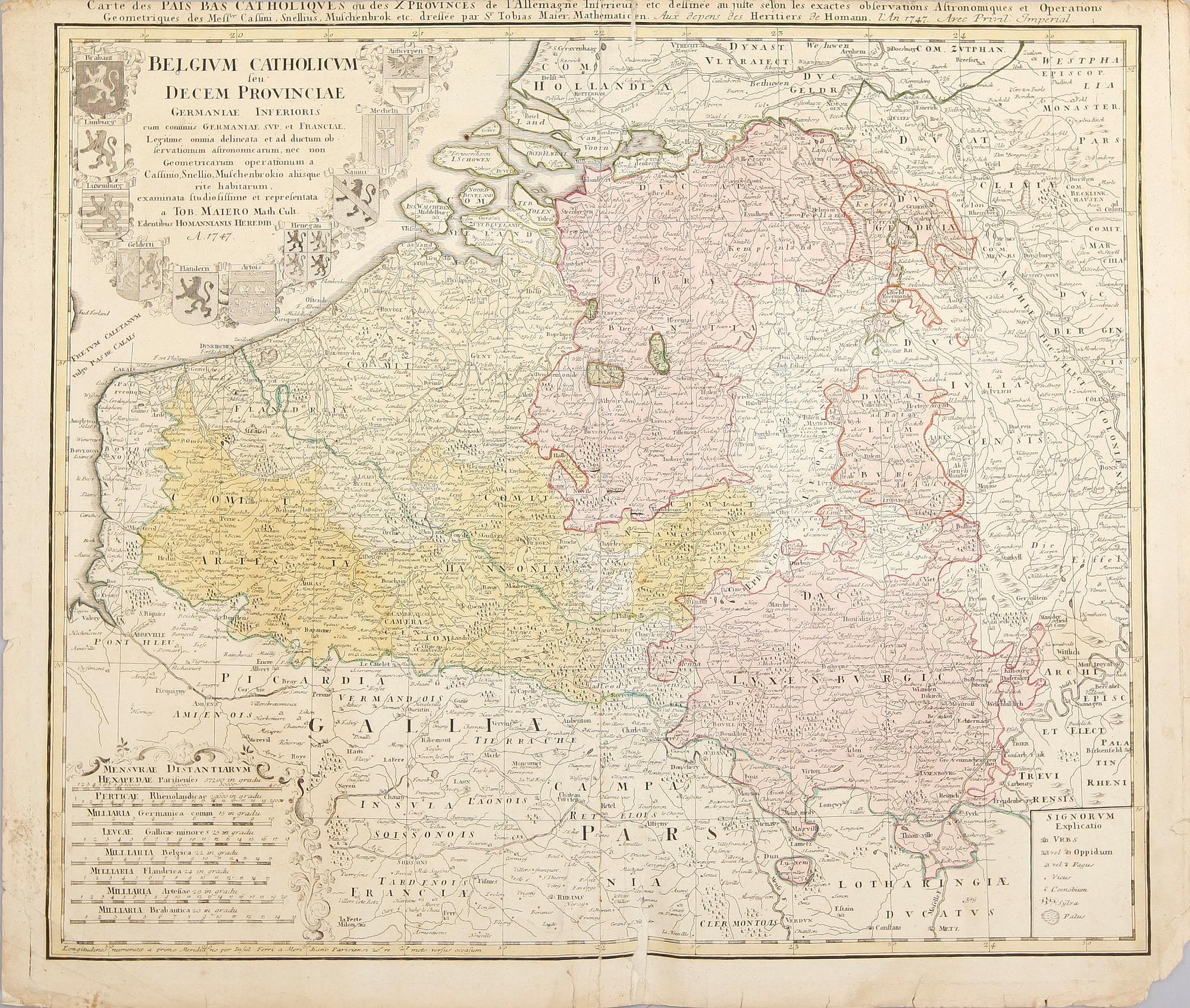 KARTOR, 3 st, kolorerade kopparstick, Belgien, 1700-tal.