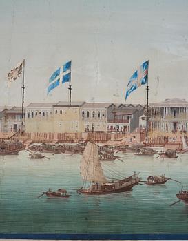 A pair och Chinese Export paintings depicting the Hongs of Canton and buildings along the river, late 18th century.