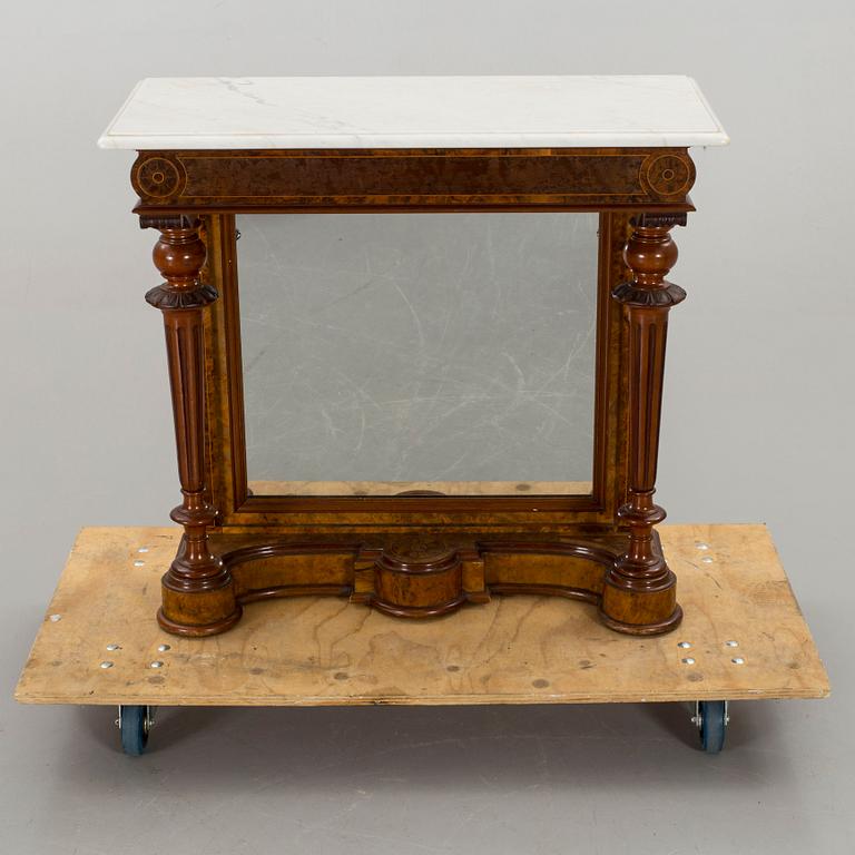 A walnut wall table with white marble top, late 19th or early 20th century.