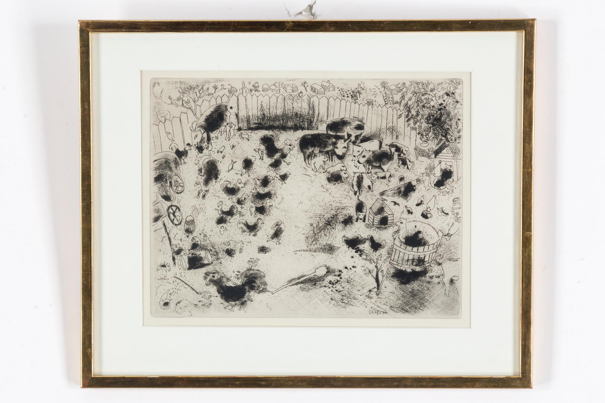MARC CHAGALL, etsning "La basse-cour" ur: "Les âmes mortes", signerad i plåten.