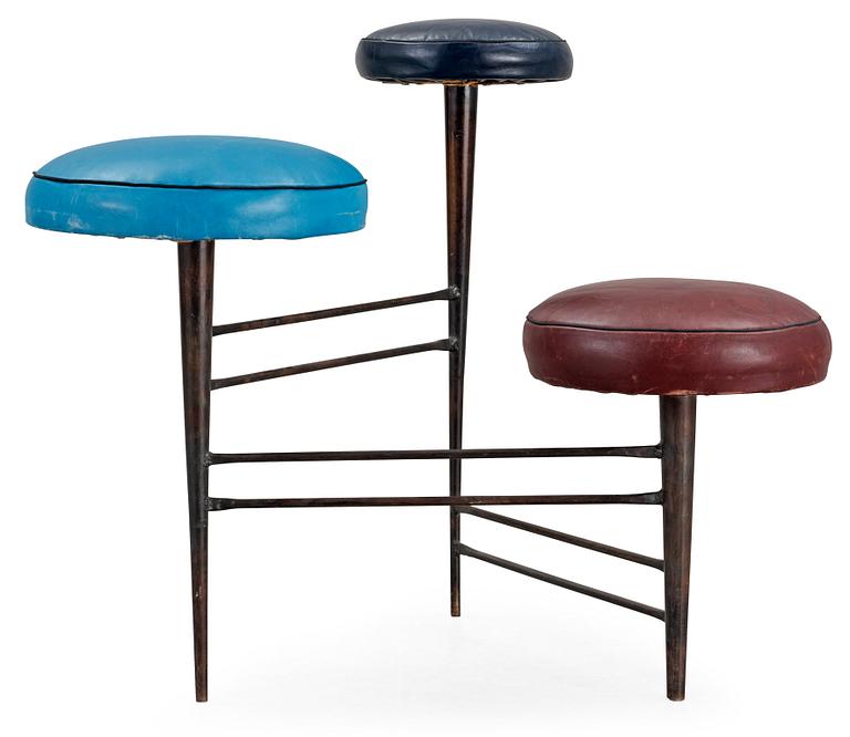 A 1950's black lacquered iron and leather stool, possibly Italy.
