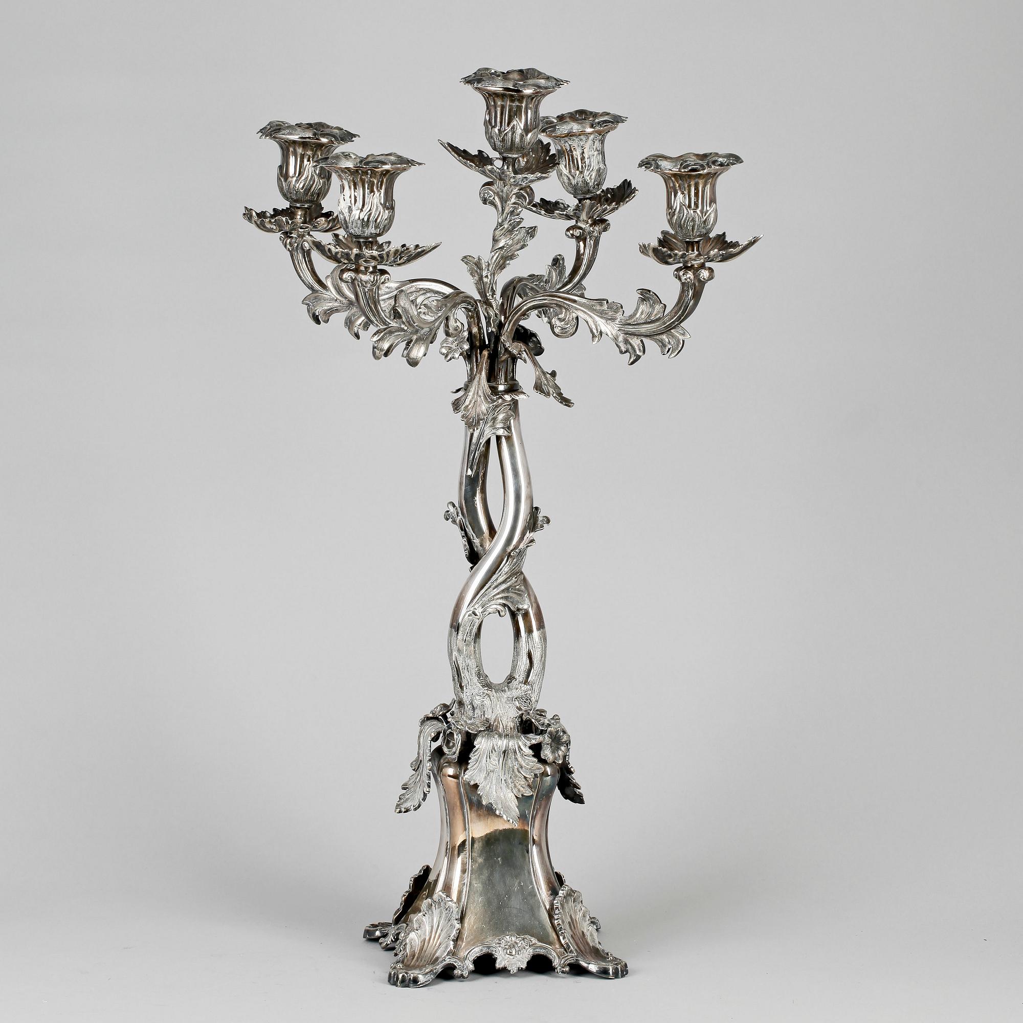 KANDELABER, nysilver, nyrokoko, AG Dufva Stockholm, 1800-talets slut.