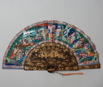 SOLFJÄDER med ETUI, akvarell och lack. Qingdynastin, 1800-tal,