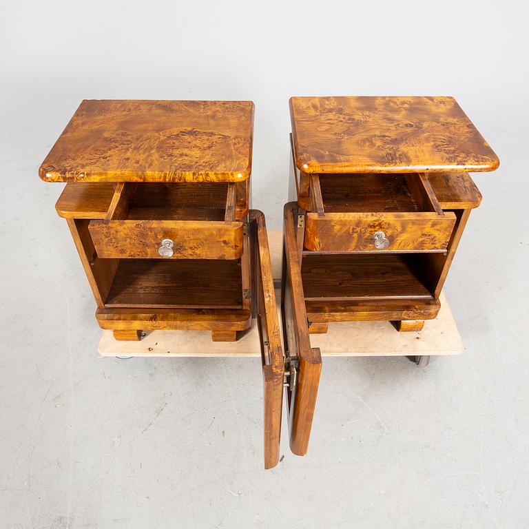 A pair of Art Deco 1930/40s root veneer bedside tables.