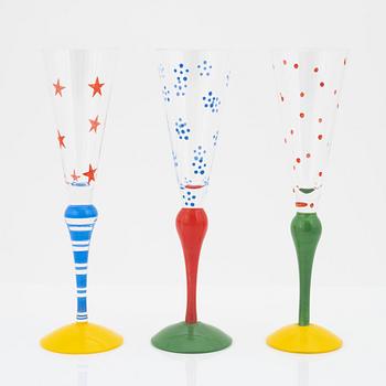 Anne Nilsson, six 'Clown' champagne glasses, Orrefors.