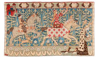 841. TAPESTRY. "Prinsessen og gullfuglene". Tapestry weave. 141,5 x 231 cm. Signed GM DNH (Gerhard Munthe, Den Norske Husflidsforening).