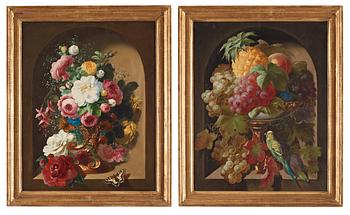 Theodor Schröder, Still-lifes with flowers and butterflies and fruits and a bird.