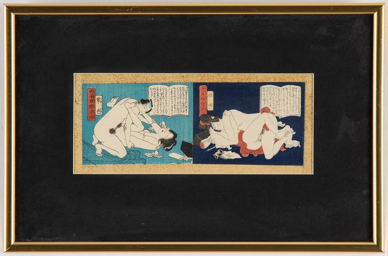 Six Japanese sheets from album, Shunga, late 19th/early 20th century.