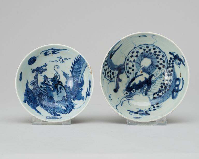 A set of two blue and white bowls, Qing dynasty, one with a six character mark.
