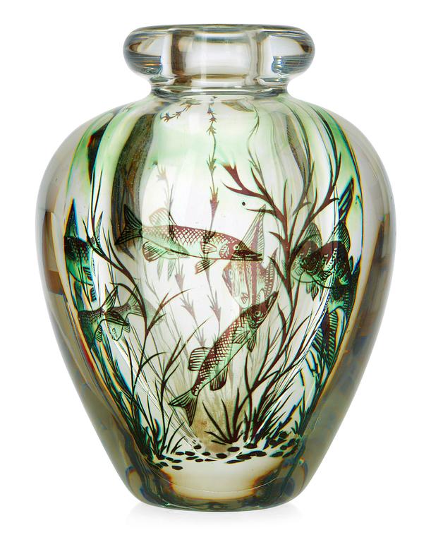An Edward Hald 'fish graal' glass vase, Orrefors 1947.