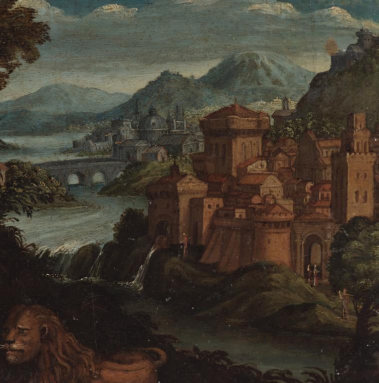 Adriaen van Stalbemt Attributed to, Landscape with St. Jerome.