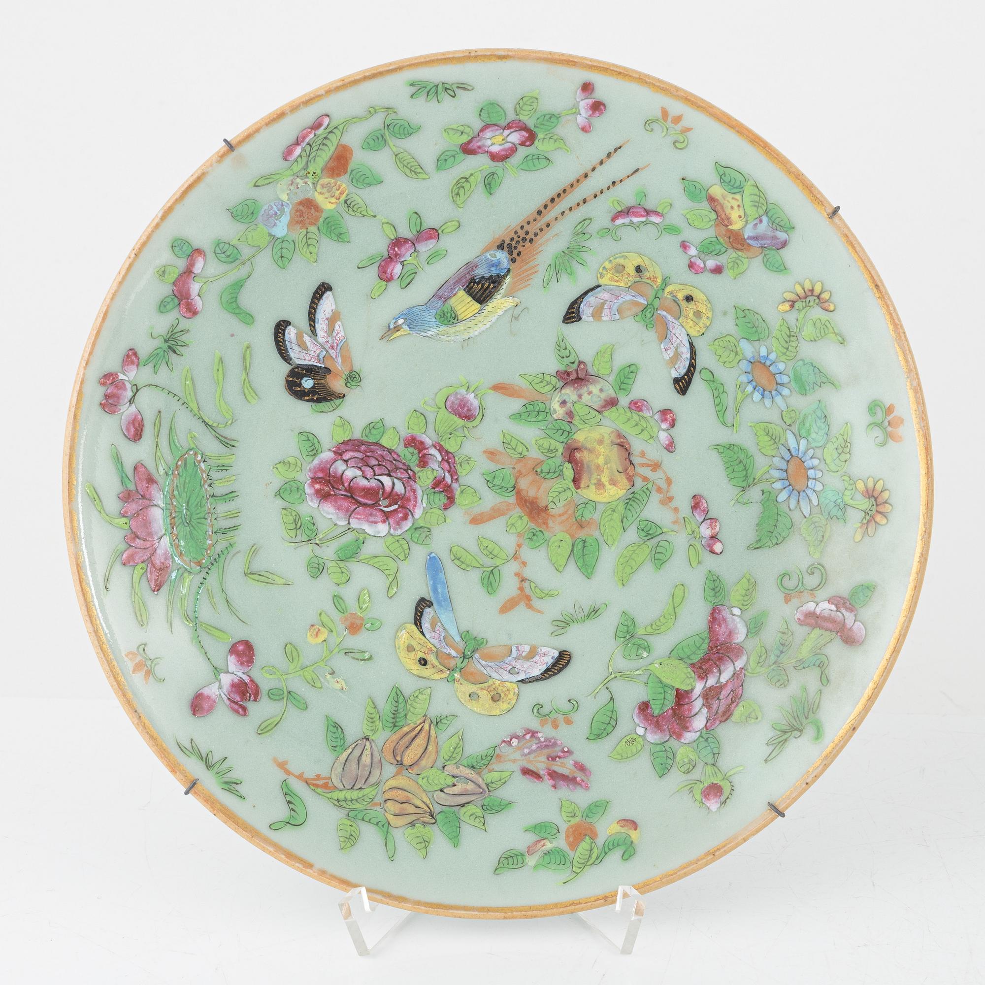 A Kanton porcelain dish and two porcelain plates, China, 19th century.
