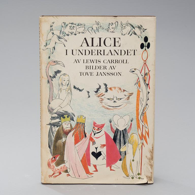 Four books by Tove Jansson and one by L. Carroll illustrated by Tove Jansson. 1945-1966. Signed drawing in one book.