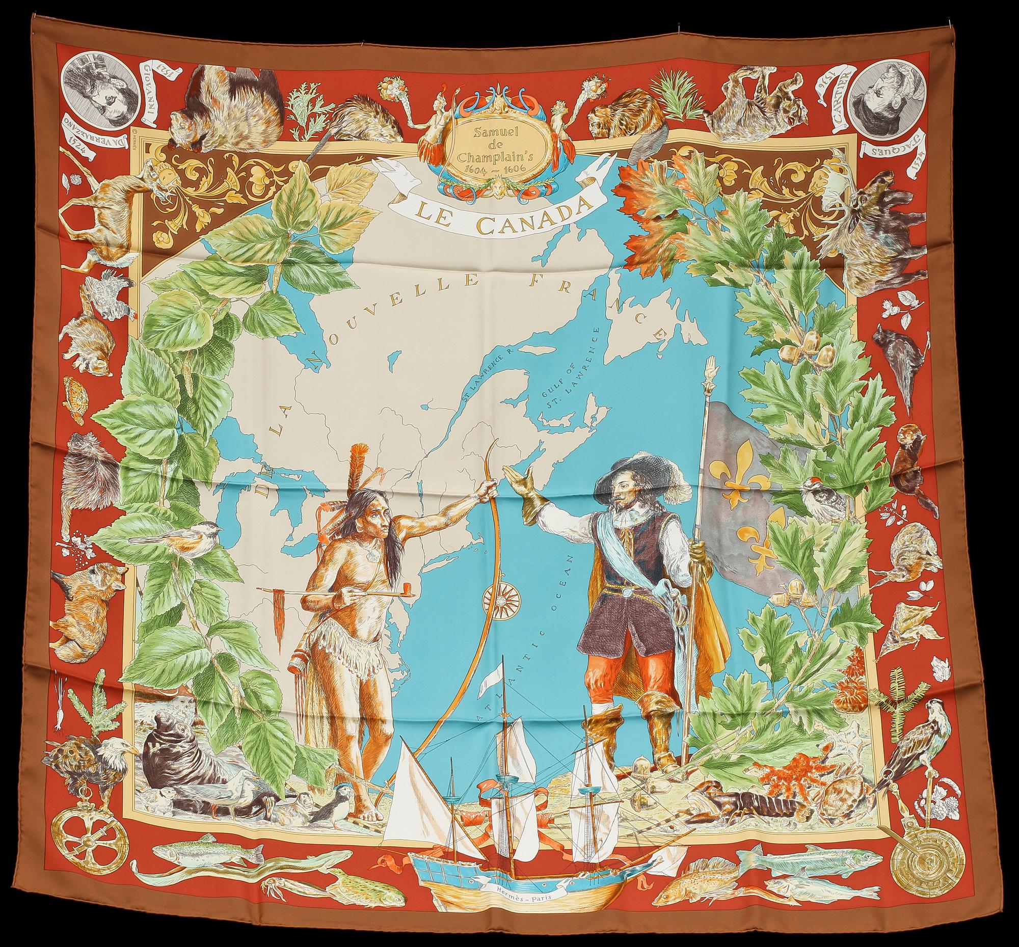 SCARF, siden, "Samuel de Champlain/ Le Canada", design Kermit Oliver, Hermès, Paris.