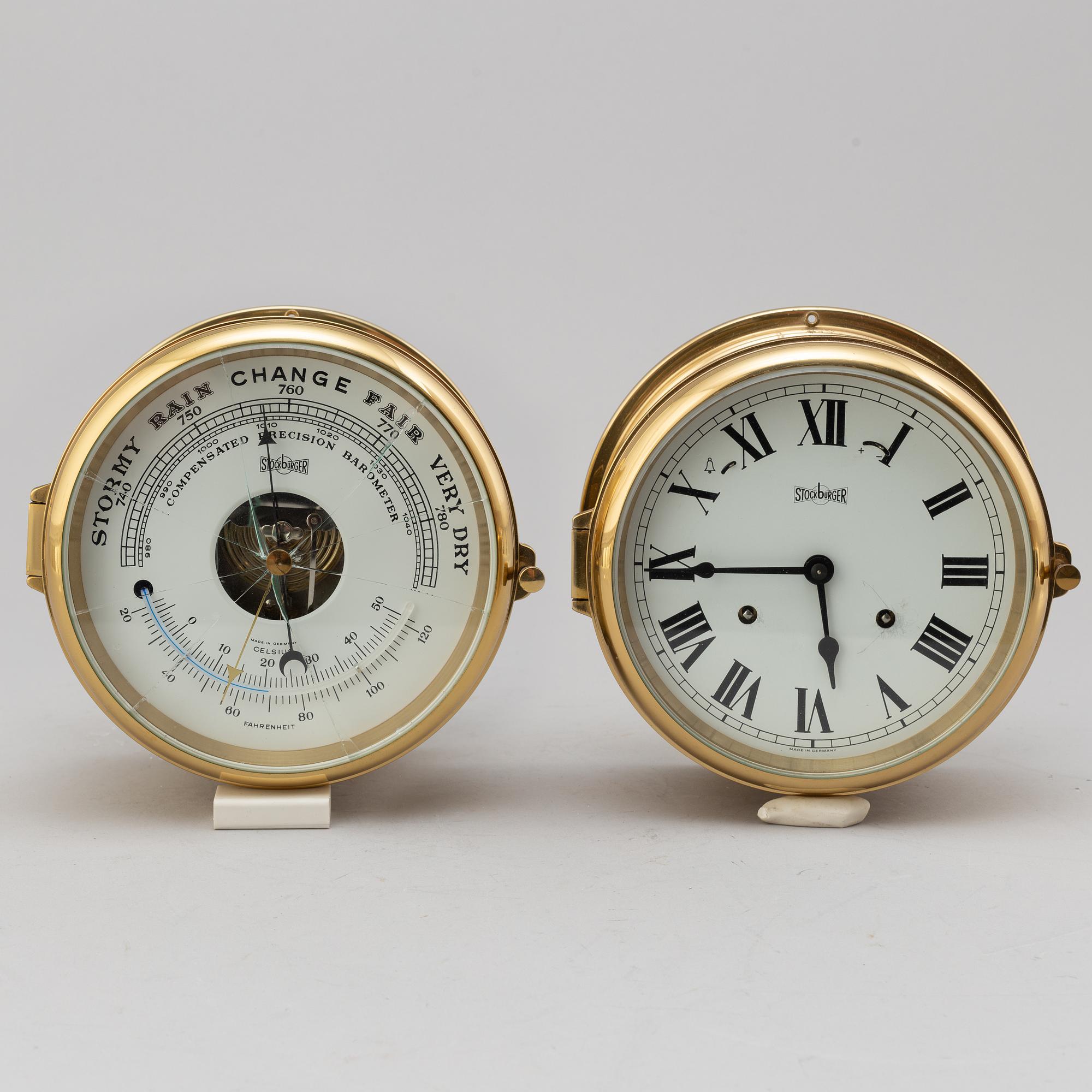 A BRASS MARINE CLOCK AND BAROMETER BY STOCKBURGER.