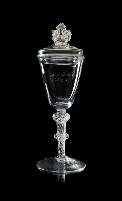 An English double knopped air twist goblet, second half of 18th Century.