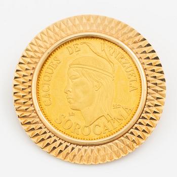 Brooch, 18K gold with gold coin/medal Venezuela.