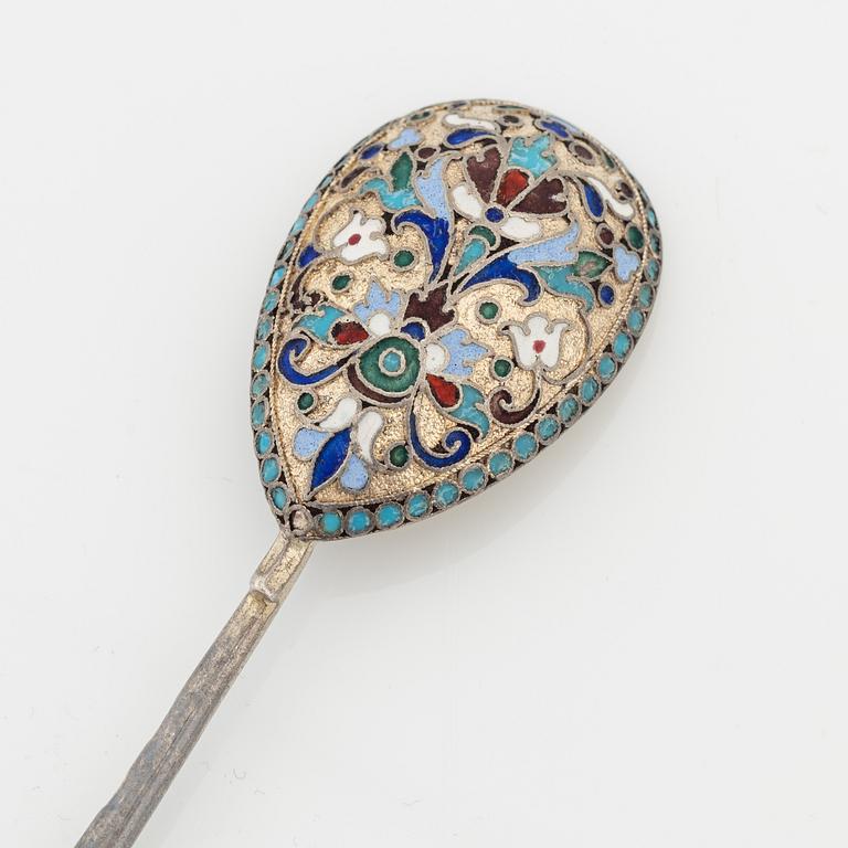 A Russian silver and enamel spoon, Moscow 1908-26.