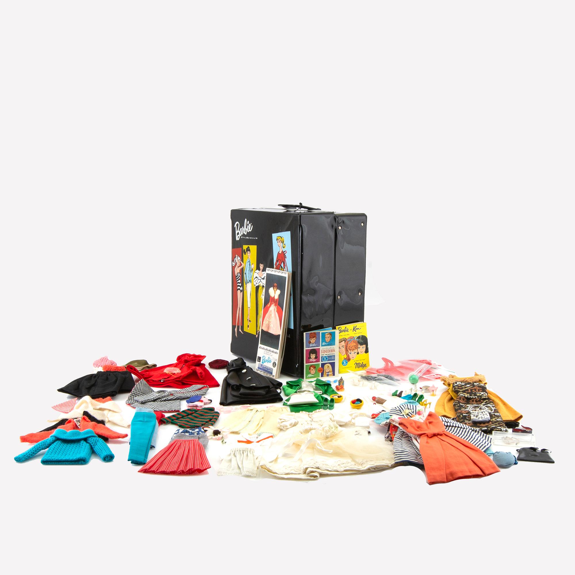 Barbie wardrobe along with clothes and accessories, 1960s, including "Theatre date" 1964.