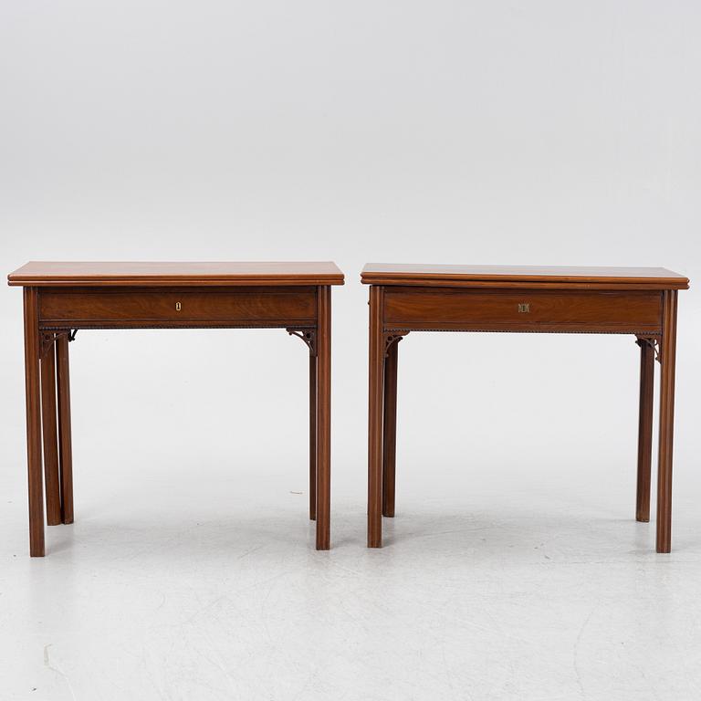 A macthed pair of late Gustavian mahogany veneered card tables one by C D Fick, Stockholm 1776-1806.