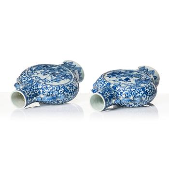 A pair of blue and white moon flasks, Qing dynasty, 19th Century.