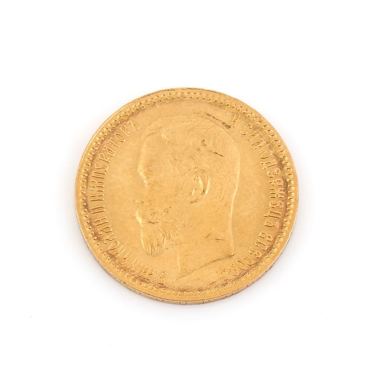 GULDMYNT, 5 Rubel, Nikolaj II, Ryssland 1903. Vikt ca 3 gram.