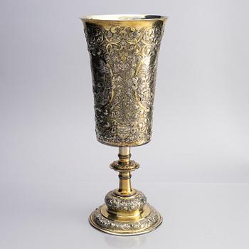 A partially gilded silver chalice, historicism, 19th century, baroque style, fantasy marks.