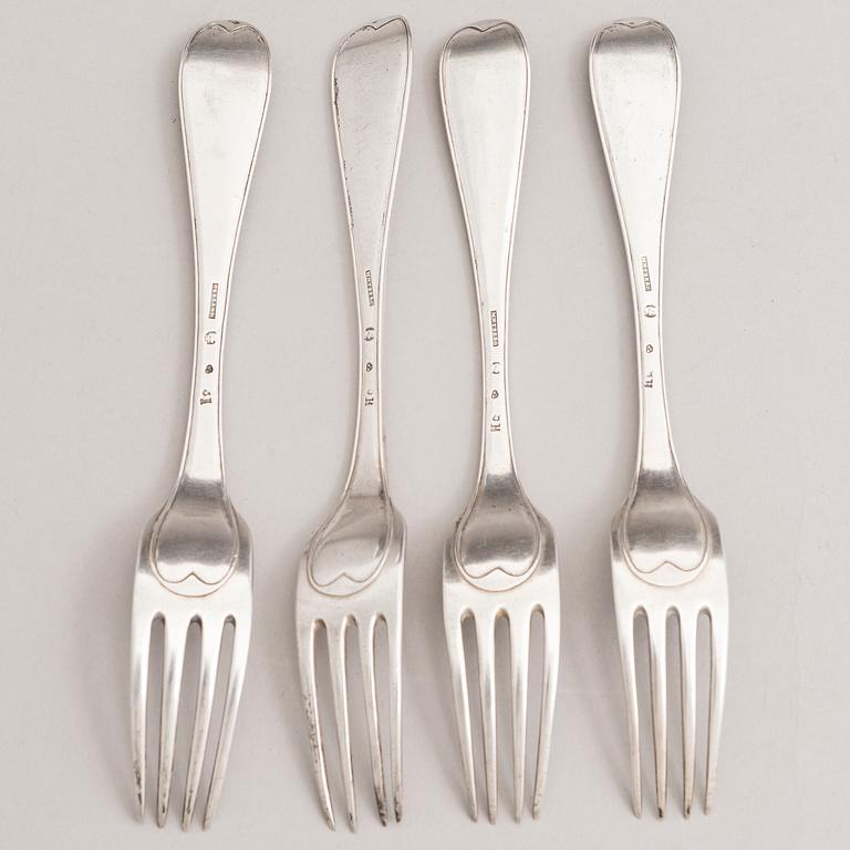 A set of four 18th-Century silver dinner forks, mark of Mikael Nyberg, Stockholm 1790-92.