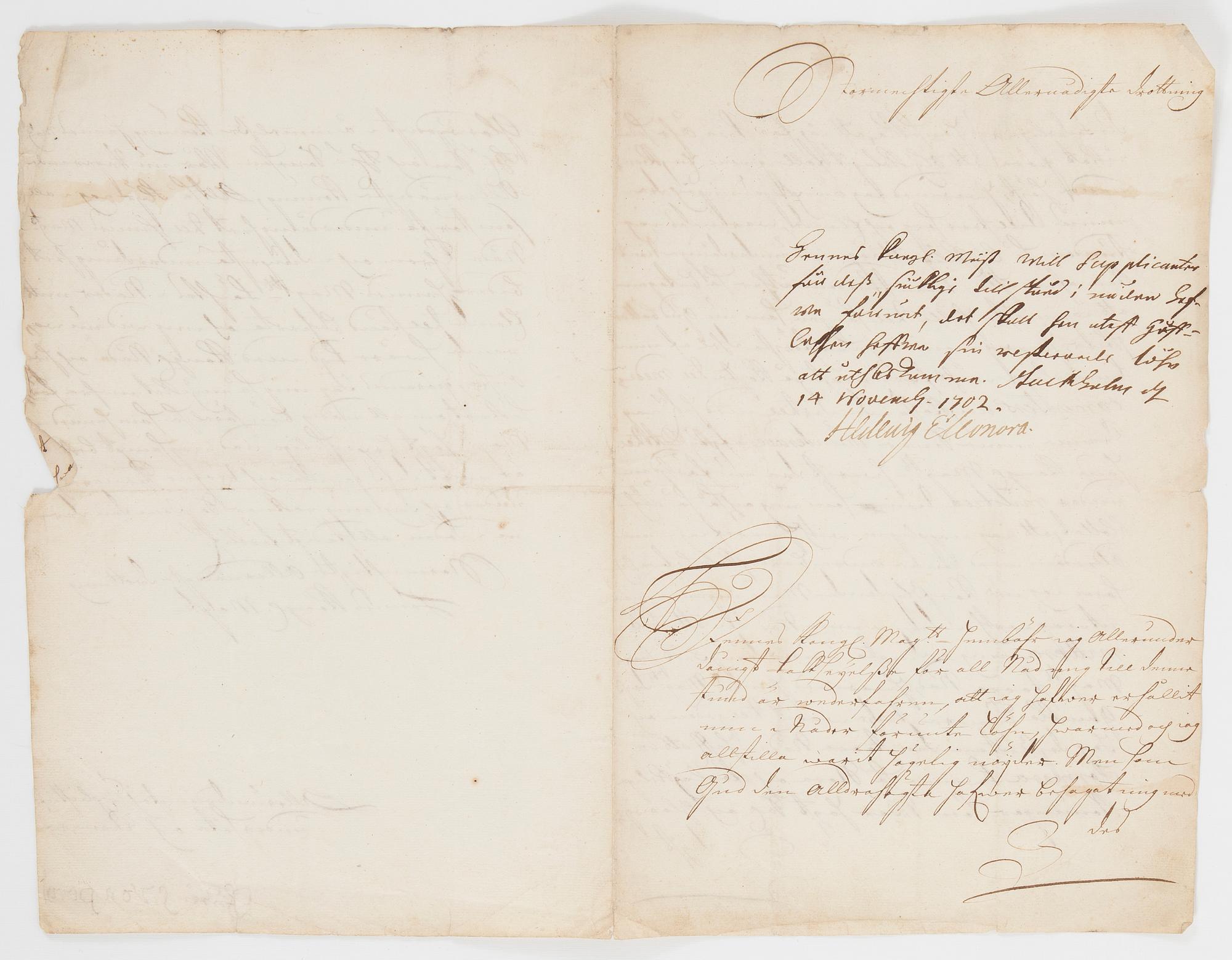 DROTTNING HEDVIG ELEONORA (1636-1715), egenhändigt signerat dokument, daterat Stockholm 14 november 1702.