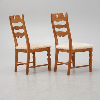 Henning Kjærnulf, a set of six oak 'Razorblade' chairs with new sheepskin upholstery, EGK, Denmark 1960s.