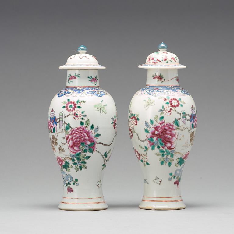 A pair of famille rose vases with covers, Qing dynasty, Qianlong (1736-95).