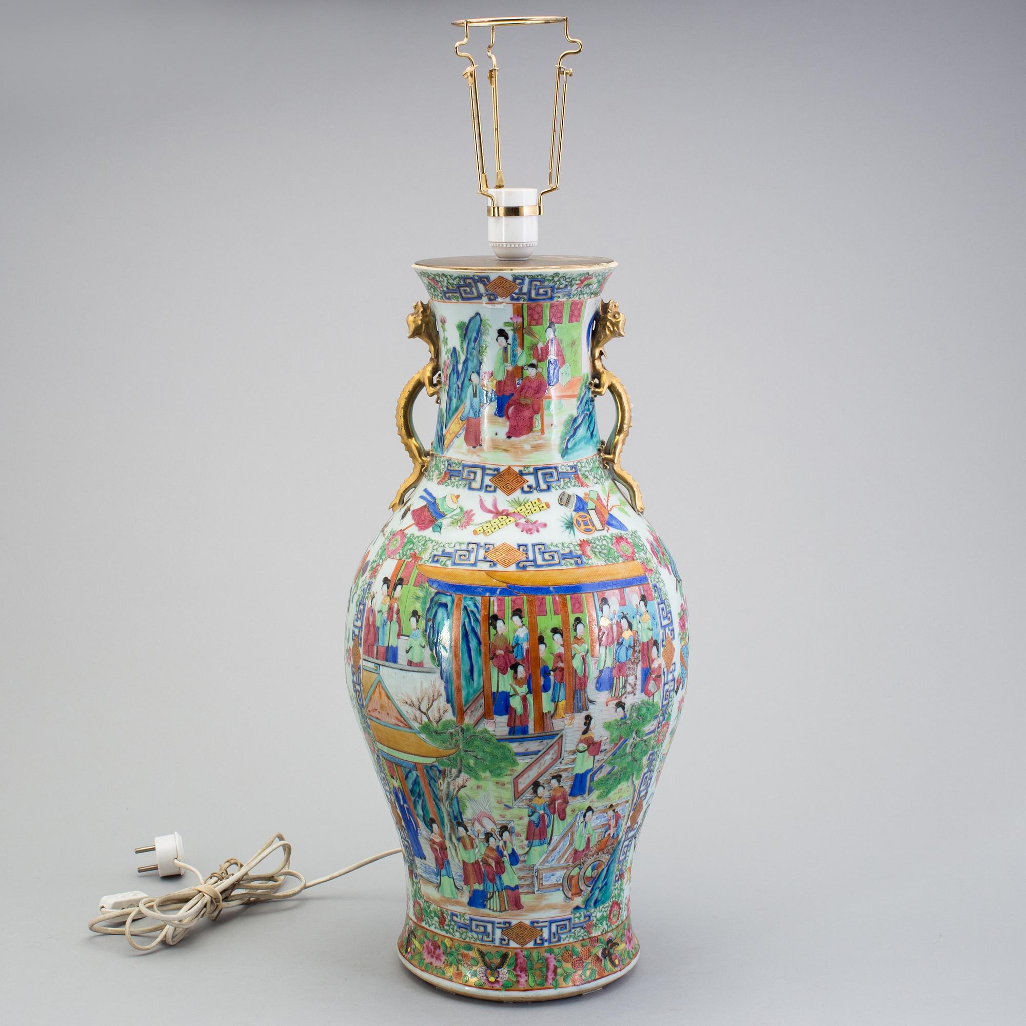 A CHINESE CANTON PORCELAIN VASE, 19th century, now a table lamp.