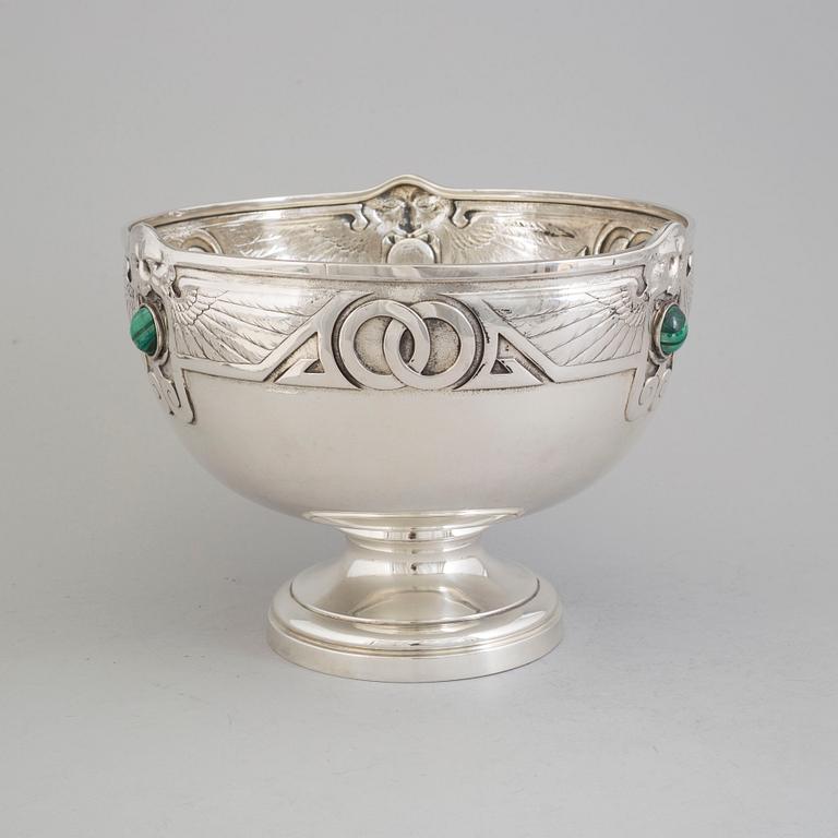 S Wedish Art Nouveau footed silver bowl with malachites, maker's mark CG Hallberg, Stockholm, 1903.