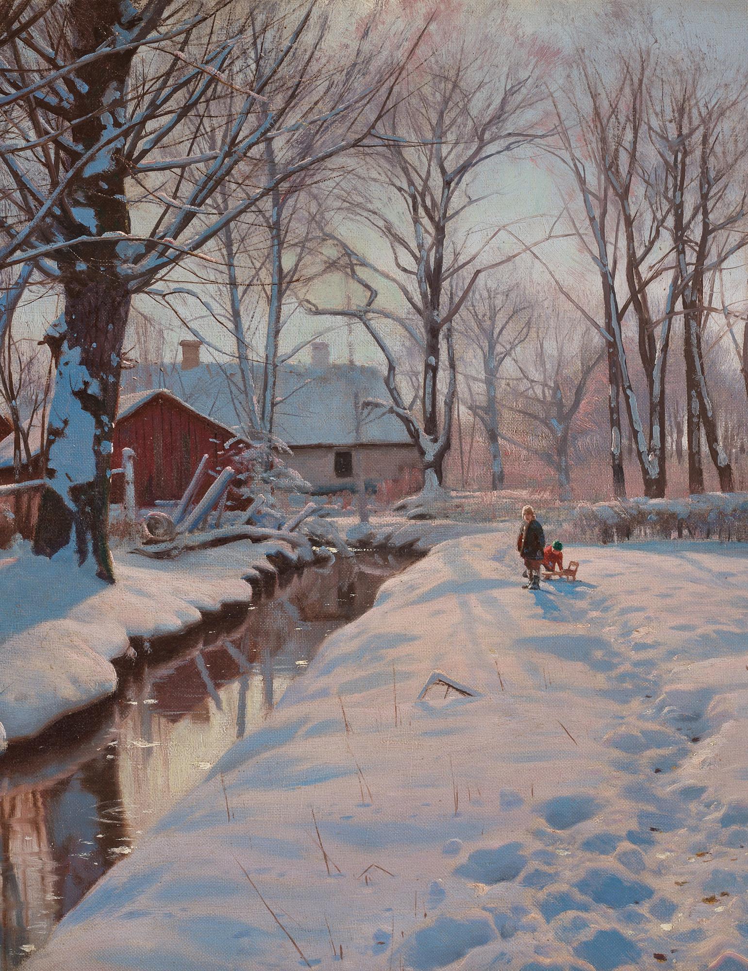 Peder Mork Mönsted, A winter landscape with children sledding.