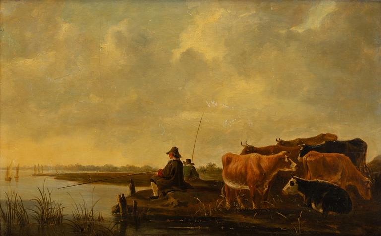 Aelbert Cuyp, his follower, 18th century, Landscape with cattle and a fishing man.