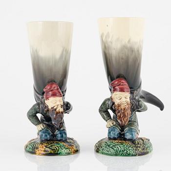 A pair of drinking horns, majolica, Rörstrand, circa 1900.