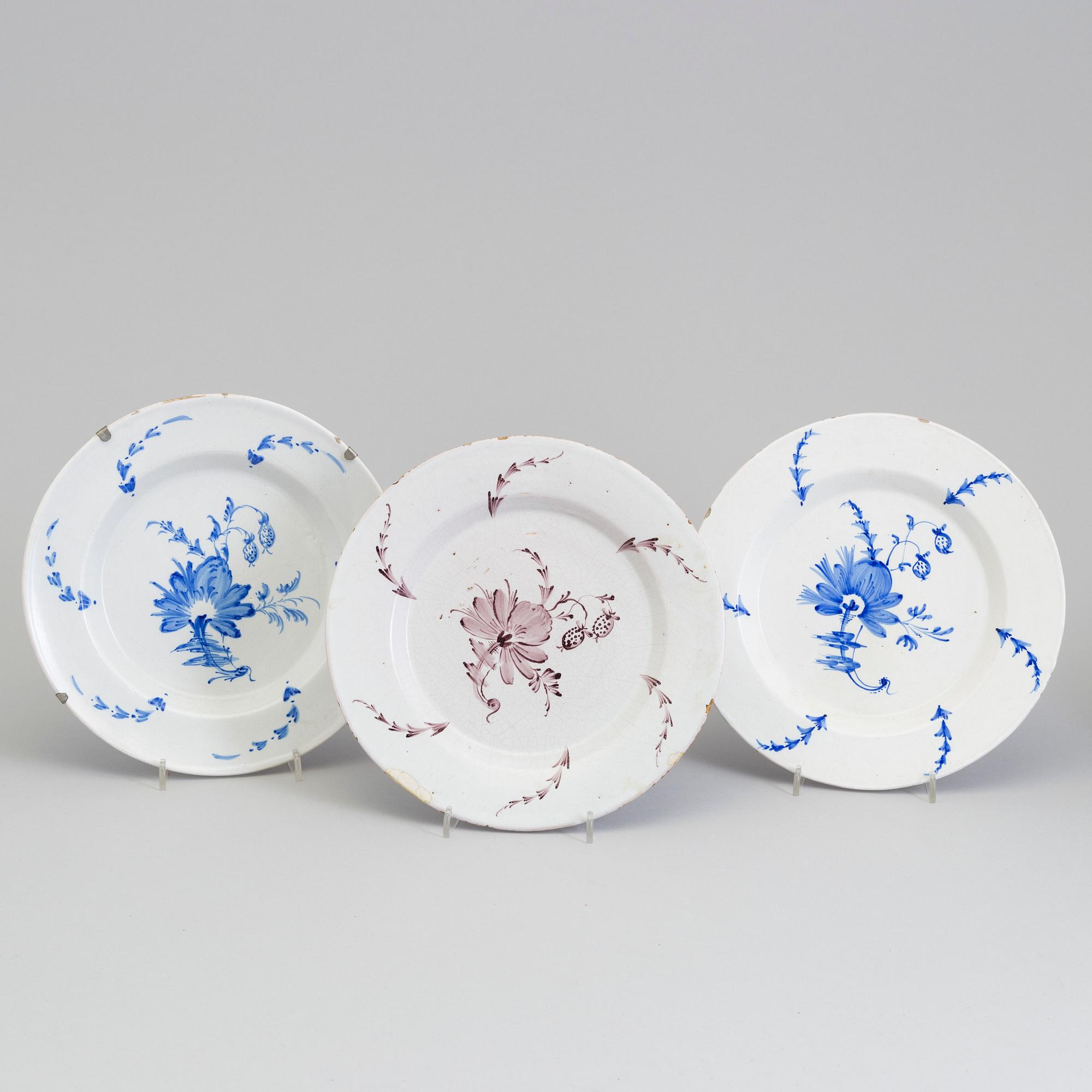 Three Rörstrand faiance dishes, 18th century.