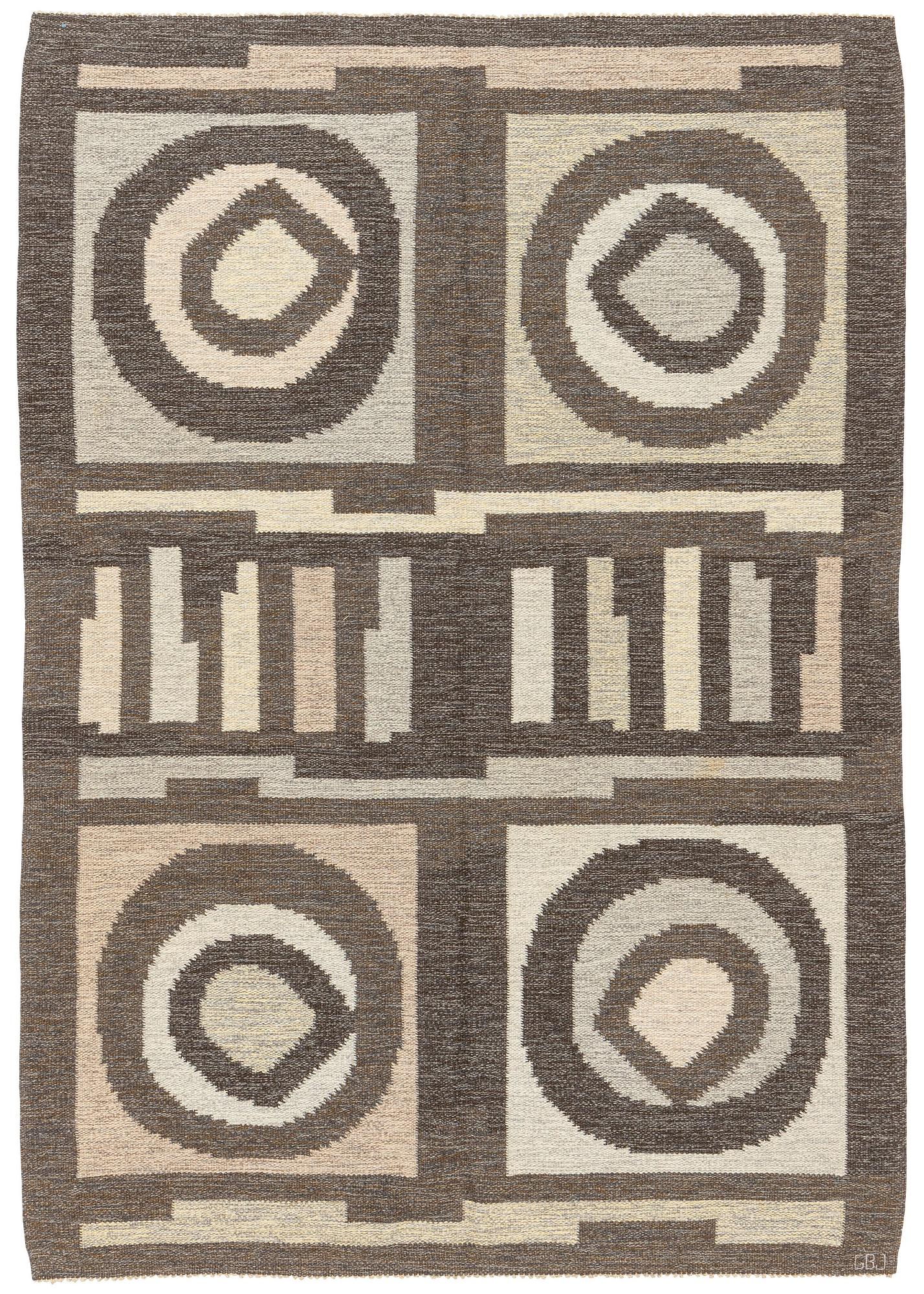 a carpet, flat weave, ca 242,5 x 170,5 cm, signed GBJ as well as a weavers signature in the form of a light blue square.