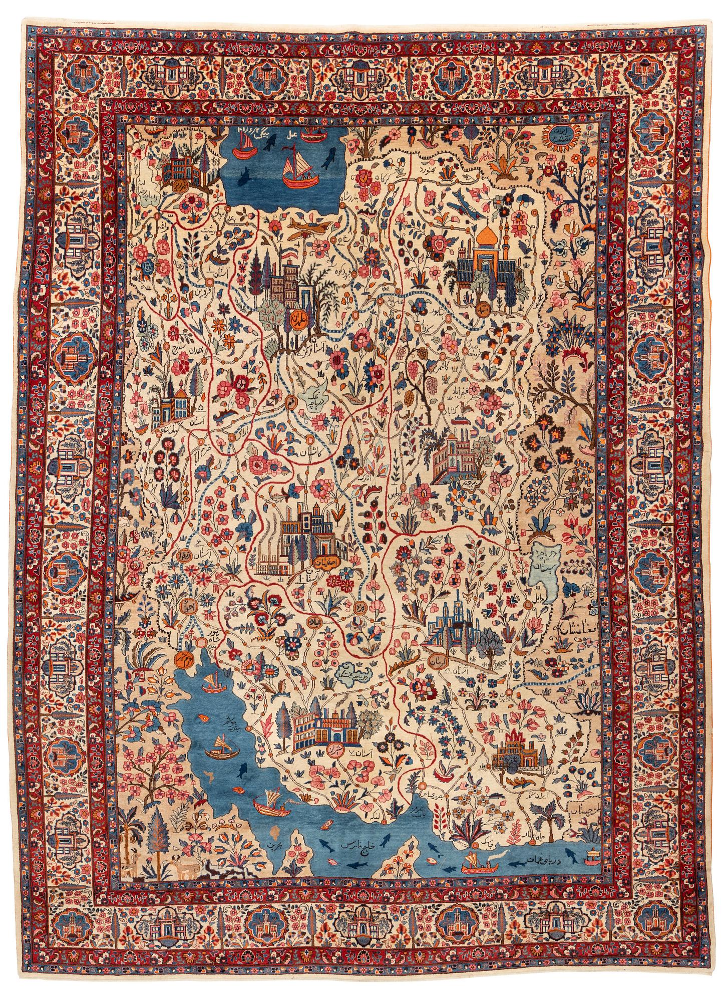 A carpet, semi-antique, Mashad, figural, ca 402 x 298 cm.