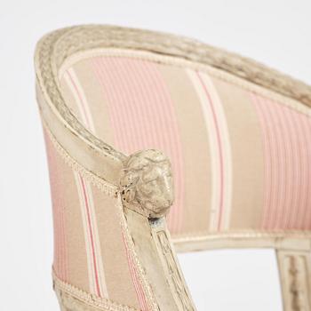 A pair of late Gustavian open.back armchairs, Stockholm, late 18th century.