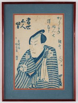 Utagawa Kunisada, two woodblock prints, Japan, before 1842, an a woodblock print by unknown artist, Japan, 1862.