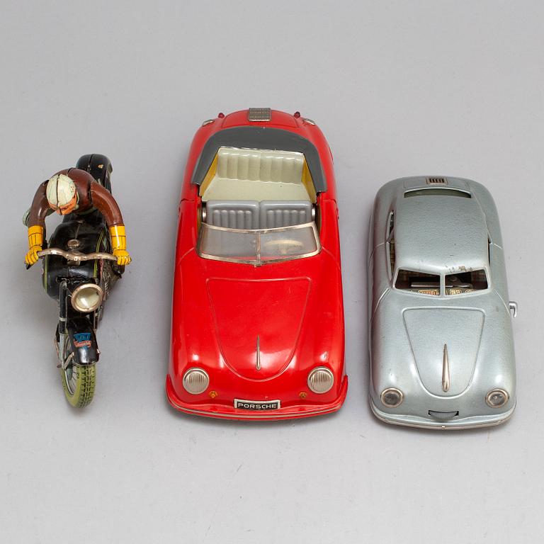 2 TOY CARS and 1 MC. Distler Porsche, JNF Prototype Porche, Arnold MC, mid 20th century.