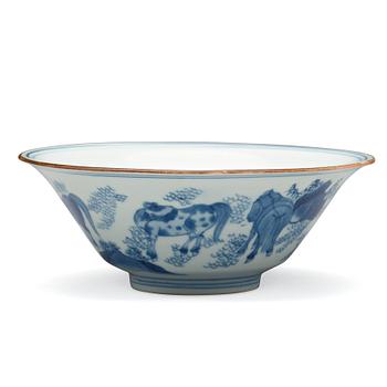 773. A blue and white bowl with 'General Mu's eight horses', Transition, 17th Century, with Jiajing six character mark.