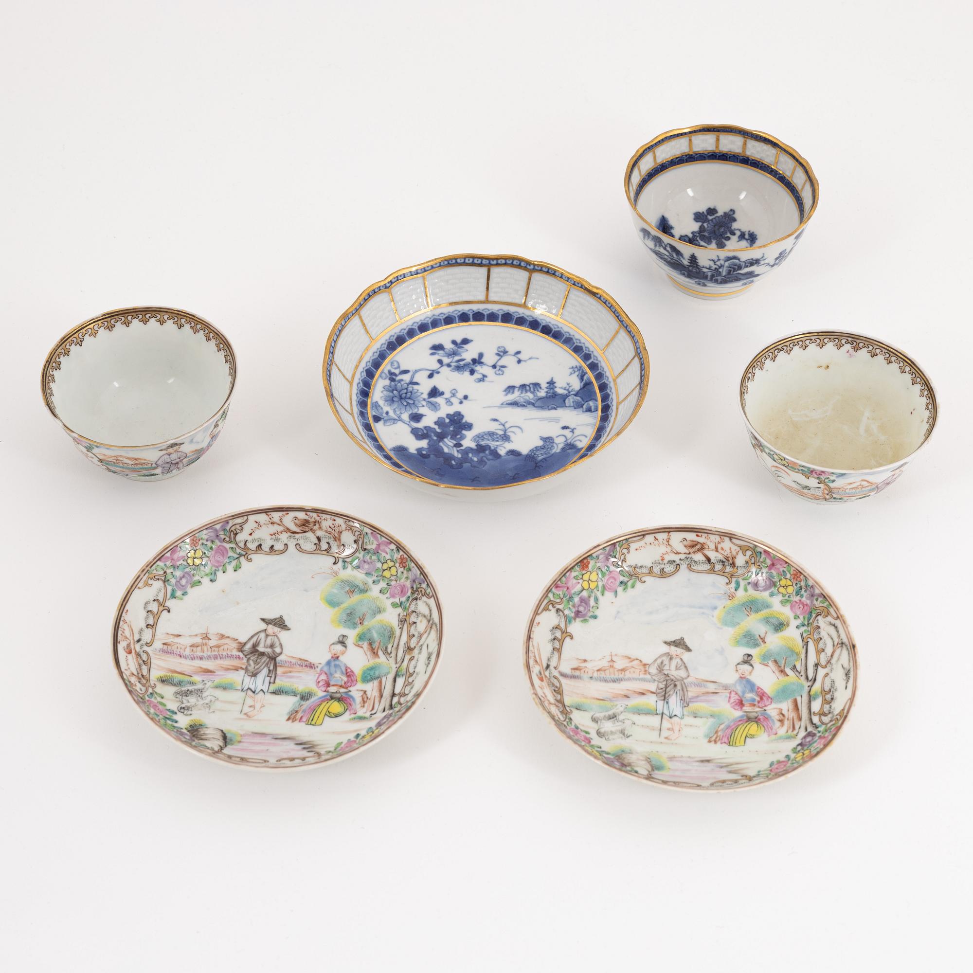 Three Chinese porcelain cups with saucers (2+1), Qing dynasty, Qianlong (1736-95).