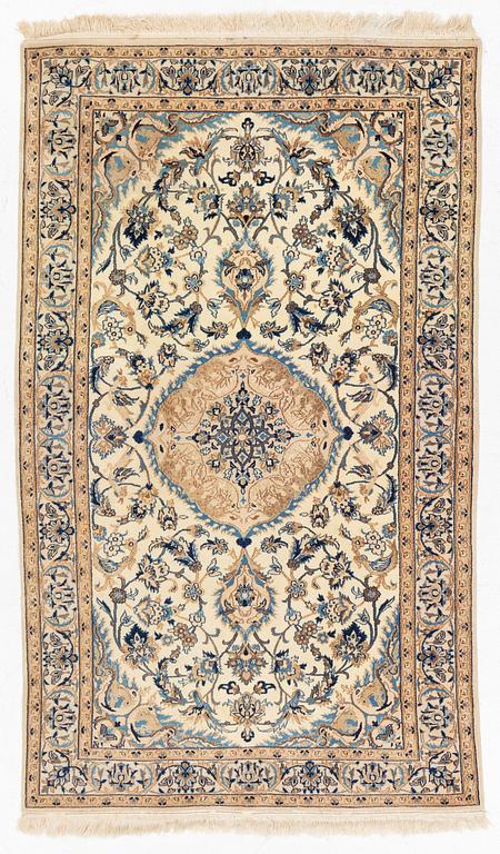 A Nain rug, part silk, figural, c. 196 x 118 cm.